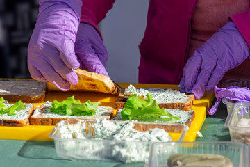 Chefs prepare a sandwich with fresh salad on toasted bread. Cooking delicious and wholesome food.