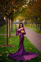 Obraz na płótnie Canvas Young woman in luxurious dress is standing in autumn park