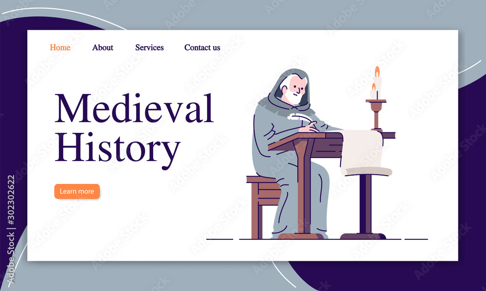 Poster medieval history landing page vector template. middle ages chronicle writing website interface idea 
