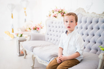 Funny nosy little boy sits on a blue sofa in a beautiful cozy room and looks somewhere. The concept of naive little children. Child care concept