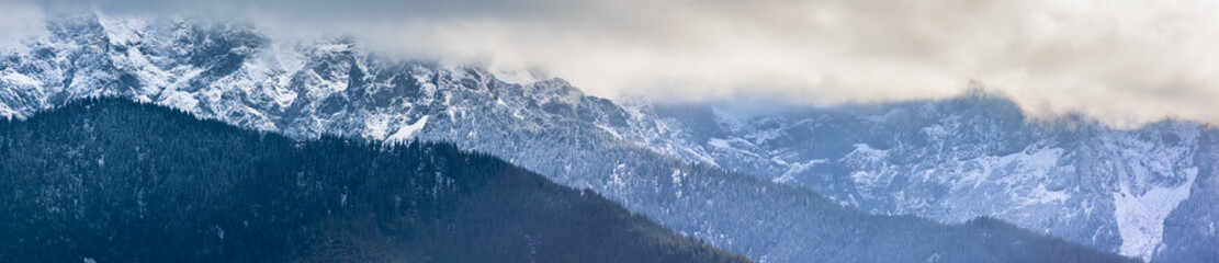 Obraz premium Panorama HDR of the Tatra Mountains and Zakopane in Poland, National Park, pictures taken in cloudy day.