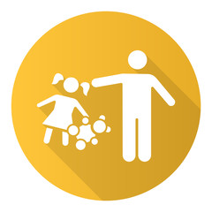 Rape of children yellow flat design long shadow glyph icon. Child sexual harassment, abuse. Victim of assault. Sexual exploitation of kids. Pedophilia of offenders. Vector silhouette illustration