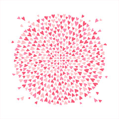 Round heart splash, splatter, spatter circle. Firework shape made of tiny various hand drawn cute scattering drops hearts. Valentines day, wedding, frame template, design element. Text background.