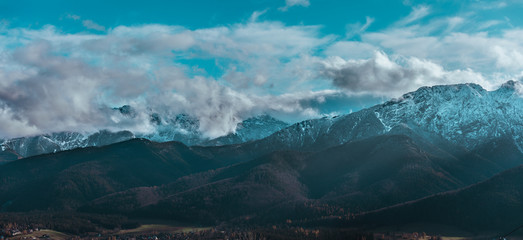 Panorama HDR of the Tatra Mountains and Zakopane in Poland, National Park,  pictures taken in cloudy day.