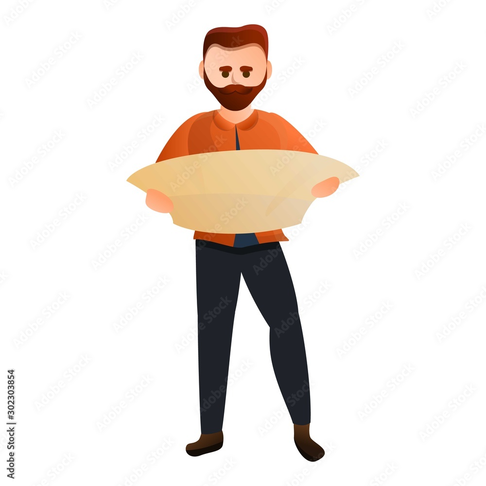 Poster man take tourist map icon. cartoon of man take tourist map vector icon for web design isolated on wh