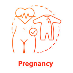 Pregnancy red gradient concept icon. Maternity idea thin line illustration. Prenatal care, women healthcare. Fertility, reproductive system. Baby clothes. Vector isolated outline drawing