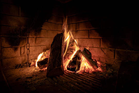 fire in fireplace. warm winter