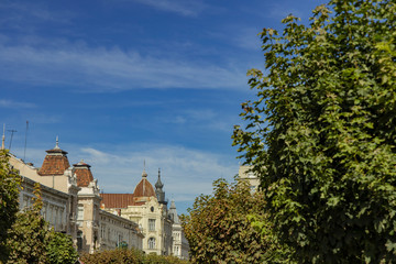 Fototapeta na wymiar medieval Ukrainian city Lviv old buildings alley way urban view with green trees foliage natural frame foreground and empty blue sky background, copy space for text 