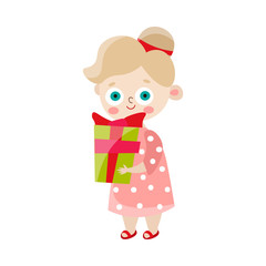 Cute happy light-haired girl in a pink dress holding a gift box in a pink dress. Vector illustration in flat cartoon style.