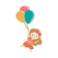 Cute happy light-haired girl holding the balloons. Vector illustration in flat cartoon style.