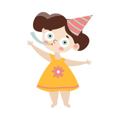 Cute happy brown-haired girl in birthday cap with party whistle. Vector illustration in flat cartoon style.