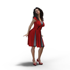 Full length portrait of young pretty woman in red dress. Pose number 1, half right, sun from right. Isolated on white background. High resolution picture. 3D Illustration, 3D Rendering, 3D Art.