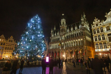Awe scene  of  Town Hall Square in Brussel . Illuminated Christmas tree.