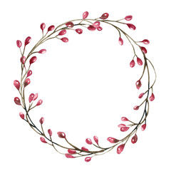 Watercolor illustration. Wreath of branch with red berries isolated on white background. Frame for invitation and greeting card, print and wedding in boho and rustic stile