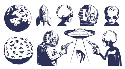 Space design elements set in retro style. Astronaut and alien. Planets and spacecraft. vector illustration. © Agor2012