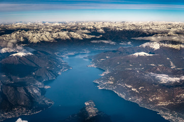 Birds eye view of Como Lake. Bellagio in the center. Beautiful autumn in Italy