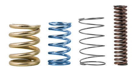 Four steel compression coil springs with varied surface finish isolated on white background. Springy metallic machine parts. Set of different flexible elastic shock absorbers with spiral wire winding. - obrazy, fototapety, plakaty