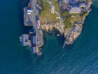 Aerial view of historic Paint Factory in Gloucester Harbor, Cape Ann, Massachusetts, USA.