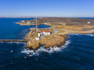 Aerial view of Eastern Point Lighthouse and Gloucester Harbor, Cape Ann, northeastern...
