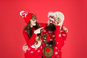 On same wave. Family wear winter sweaters. Having fun. Christmas memories. Happy family. Small girl and cheerful father man. Family values. Dad and daughter celebrate new year. Family holiday