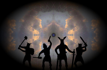 Four silhouettes of Old Norse Gods-warriors in the guise of armed Vikings, standing in front of the huge Eye of the Universe, fantasy theme - obrazy, fototapety, plakaty