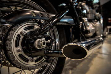 Fototapeta na wymiar black motorbike in salon ready for fast motorway ride