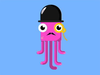 a cute purple octopus with monocle and a moustache.