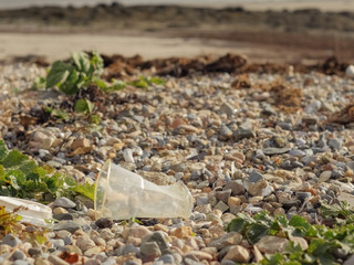 Plastic drink can and lid on a beach, Concept ecology problem, pollution.