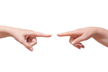 Two female hands is showing by index fingers to each other isolated on white background.