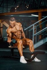 Fototapeta na wymiar Bodybuilder Doing Biceps Exercise With With Weights in the Gym