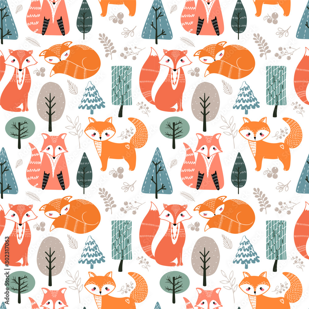 Poster seamless pattern with foxes and different elements. illustration hand drawn in scandinavian style