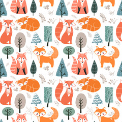 Seamless pattern with foxes and different elements. Illustration hand drawn in scandinavian style