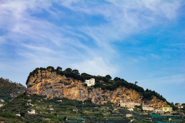 Fototapeta na wymiar the infinite terrace, panoramic point above a cliff, seen from the sea along the Amalfi coast, Salerno, Campania, Italy