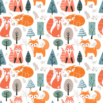 Seamless pattern with foxes and different elements. Illustration hand drawn in scandinavian style