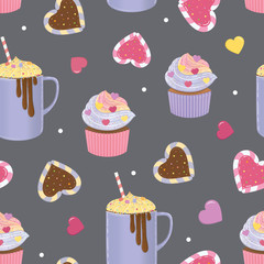 Holliday bright vector seamless pattern. Christmas objects, cakes, candies, biscuits presents