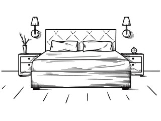 Hand drawn sketch. Linear sketch of an interior. Sketch Line bedrooms. Vector illustration. - 302317425