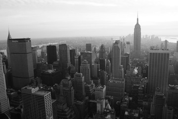 classic elevated view of manhattan in black and white