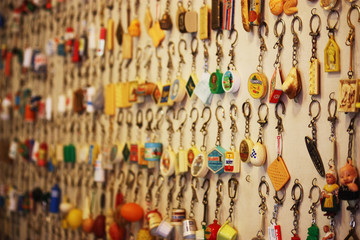 Fototapeta premium many vintage key rings hanging from a party in a Paris market, France