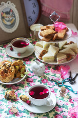 Traditional English tea party in a fabulous decoration. Rustic style.