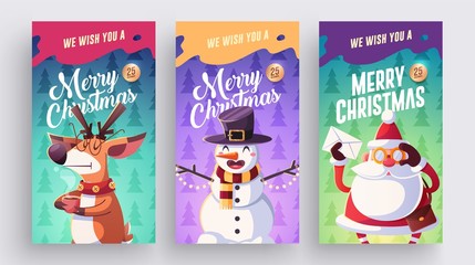 Set of Merry Christmas and Happy new Year greeting cards design with Christmas characters. Vector illustration