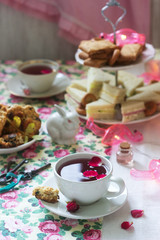 Traditional English tea party in a fabulous decoration. Rustic style.