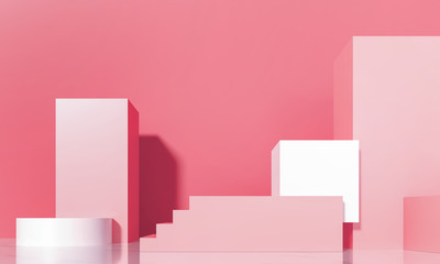 Podium, exhibition pedestal for goods promotion. Cubes, stairs and cylinders - platform, sale scene. Pink pastel podium, white marble floor in room. Architectural cosmetics 3d render illustration