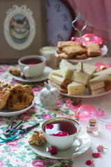Traditional English tea party in a fabulous decoration. Rustic style.