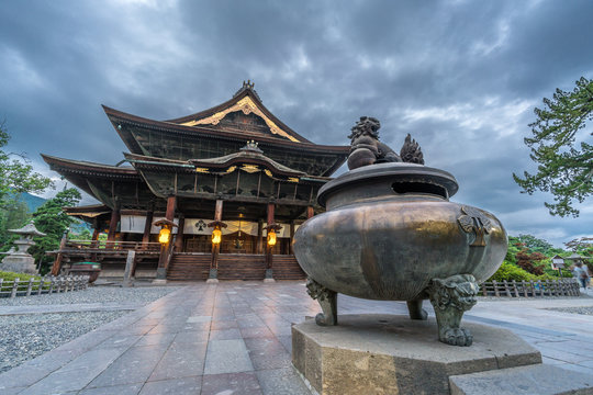 Zenko-ji Temple complex. Hondo (Main Hall) and Jokoro (Incense Burner) in Nagano City, Japan