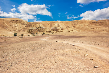 dry landscape desert valley dirt trail and horizon sand stone mountains background with vivid blue sky white clouds 