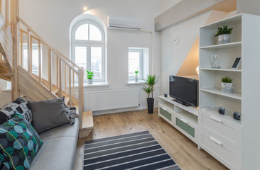 Light interior of room in apartment. Private house. Living room.