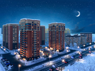 Residental complex. Night City. Architecture lighting. Winter
