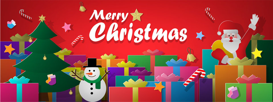 The Merry Christmas banner background picture of the Santa Claus and Snowman with many gift boxes in the celebration night.