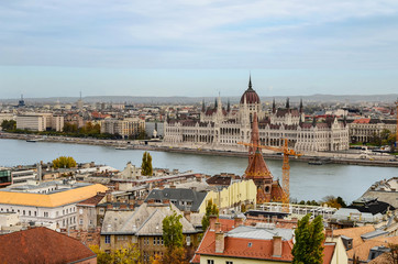Aerial view from Buda Castle hill on the building of The Hungarian Parliament and Danube river