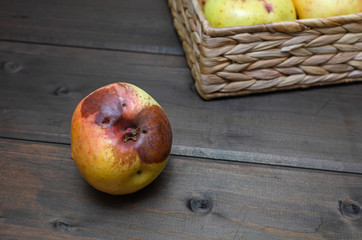 ugly apples at wicker basket on the wooden brown background. close up.